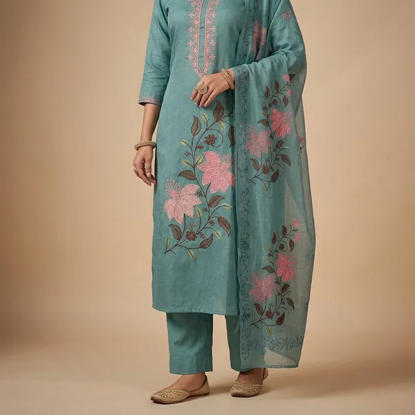 Teal_Vatican_Silk_Floral_Print_Straight_Kurta_Palazzo_Set_For_Women