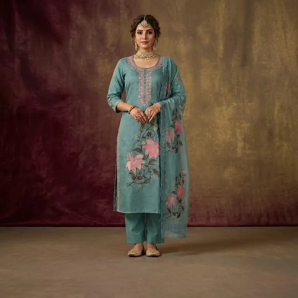 Teal_Vatican_Silk_Floral_Print_Straight_Kurta_Palazzo_Set_For_Women