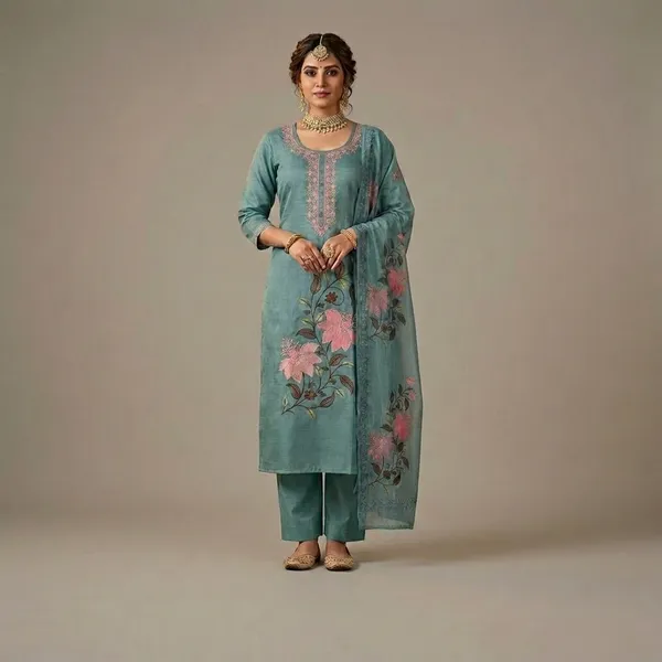 Teal_Vatican_Silk_Floral_Print_Straight_Kurta_Palazzo_Set_For_Women