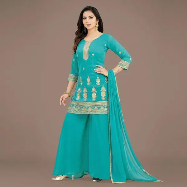 Turquoise_Shimmer_Silk_Embroidered_Palazzo_Suit_Set_For_Women