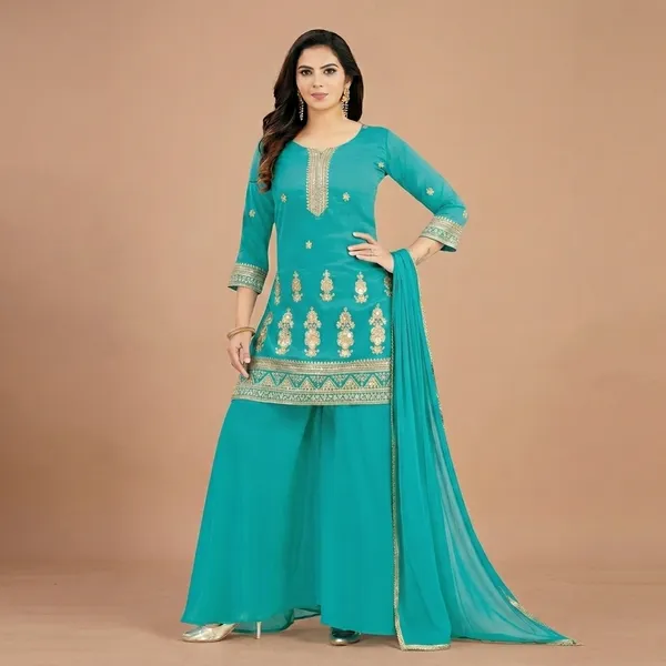 Turquoise_Shimmer_Silk_Embroidered_Palazzo_Suit_Set_For_Women