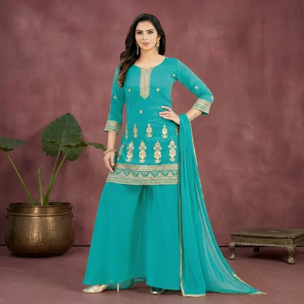 Turquoise_Shimmer_Silk_Embroidered_Palazzo_Suit_Set_For_Women