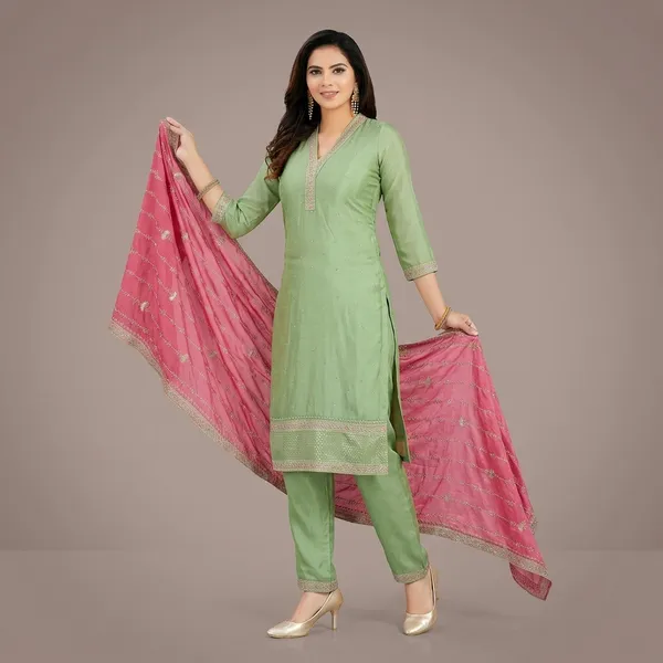 Green_Vichitra_Silk_Embroidered_Straight_Kurta_Set_For_Women