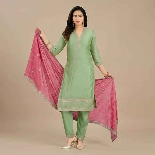 Green_Vichitra_Silk_Embroidered_Straight_Kurta_Set_For_Women
