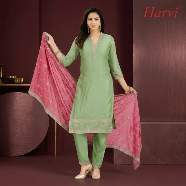 Green_Vichitra_Silk_Embroidered_Straight_Kurta_Set_For_Women