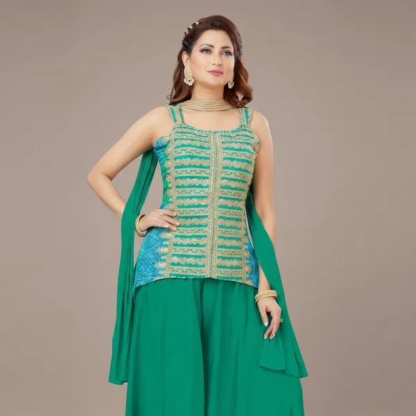 Green_Chinon_Silk_Sleeveless_Straight_Kurta_Palazzo_Dupatta_Set_For_Women