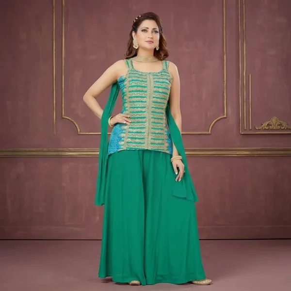 Green_Chinon_Silk_Sleeveless_Straight_Kurta_Palazzo_Dupatta_Set_For_Women