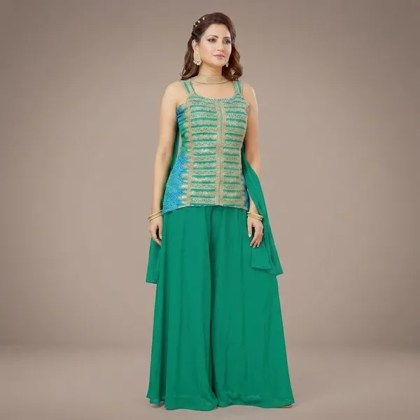 Green_Chinon_Silk_Sleeveless_Straight_Kurta_Palazzo_Dupatta_Set_For_Women