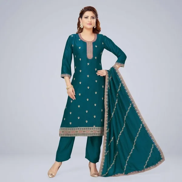 Teal_Green_Vichitra_Silk_Straight_Fit_Kurta_Pant_Dupatta_Set_For_Women