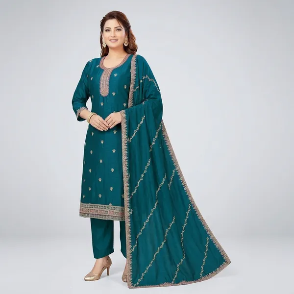 Teal_Green_Vichitra_Silk_Straight_Fit_Kurta_Pant_Dupatta_Set_For_Women