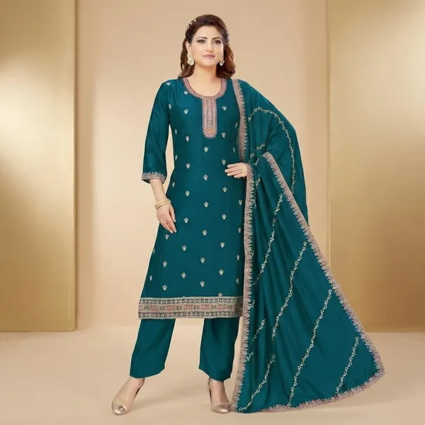 Teal_Green_Vichitra_Silk_Straight_Fit_Kurta_Pant_Dupatta_Set_For_Women