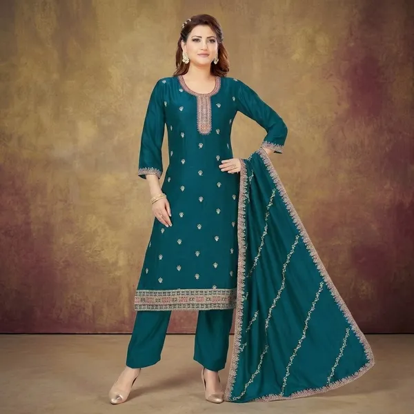 Teal_Green_Vichitra_Silk_Straight_Fit_Kurta_Pant_Dupatta_Set_For_Women