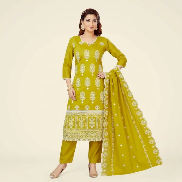 Mustard_Mal_Chanderi_Straight_Fit_Kurta_Pant_Dupatta_Set_For_Women