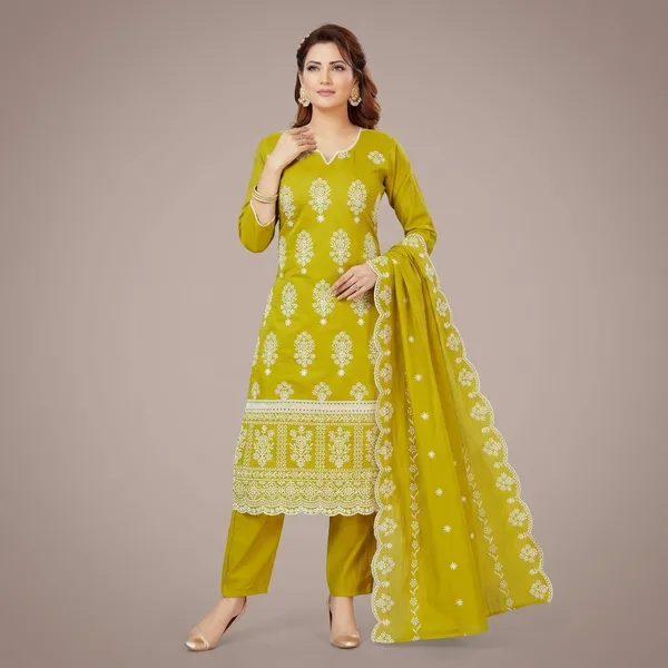 Mustard_Mal_Chanderi_Straight_Fit_Kurta_Pant_Dupatta_Set_For_Women