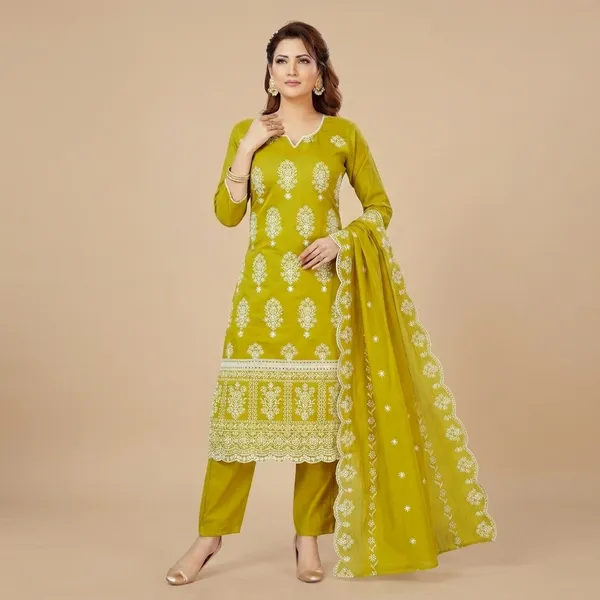 Mustard_Mal_Chanderi_Straight_Fit_Kurta_Pant_Dupatta_Set_For_Women