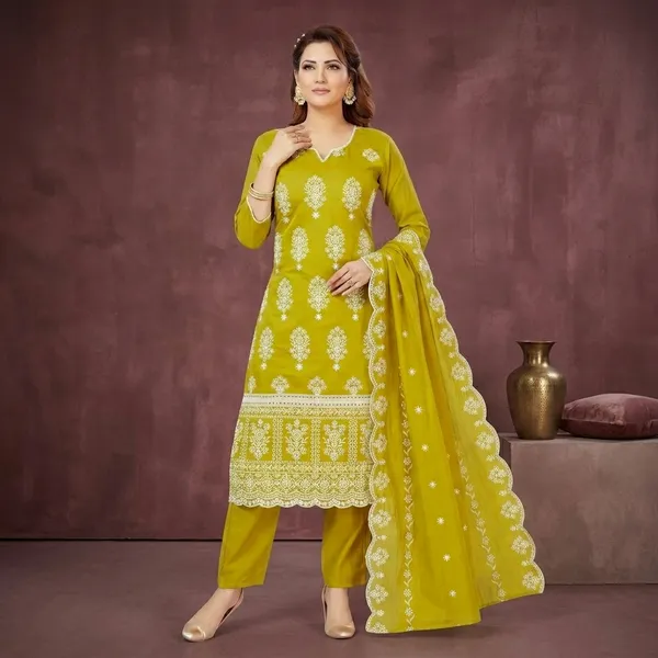 Mustard_Mal_Chanderi_Straight_Fit_Kurta_Pant_Dupatta_Set_For_Women