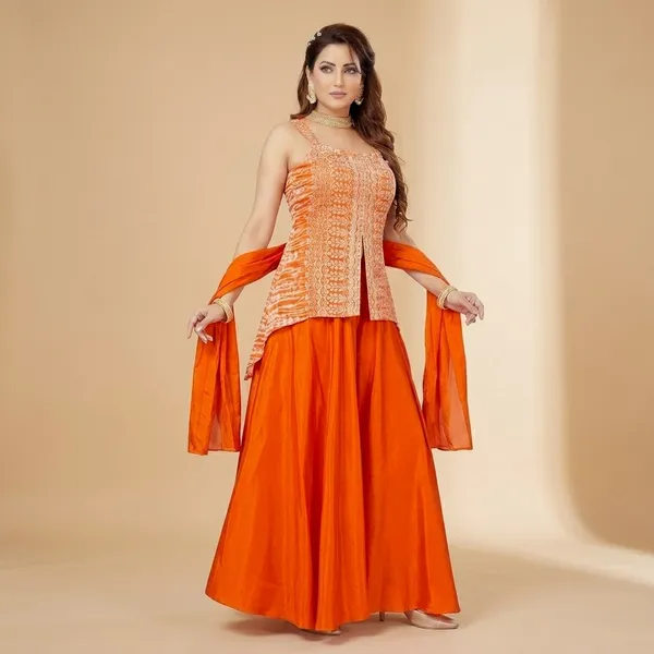 Orange_Chinon_Silk_Sleeveless_Straight_Kurta_Palazzo_Dupatta_Set_For_Women