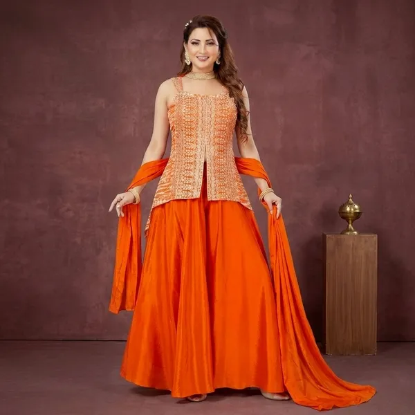 Orange_Chinon_Silk_Sleeveless_Straight_Kurta_Palazzo_Dupatta_Set_For_Women