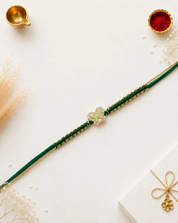 Green_Velvet_Rakhi_With_Golden_Butterfly_Charm_(Pack_Of_5)