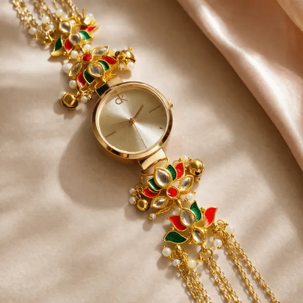 Gold_Kundan_Enamel_Floral_Bracelet_Watch_For_Women