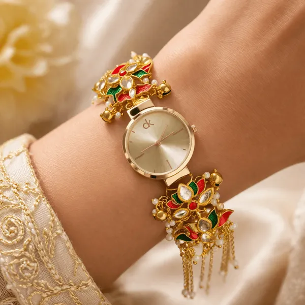 Gold_Kundan_Enamel_Floral_Bracelet_Watch_For_Women
