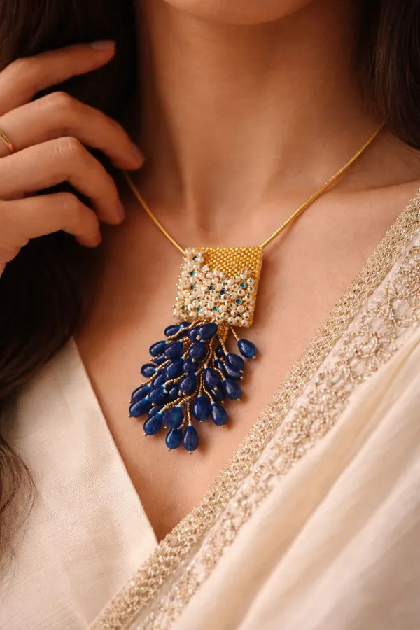 Blue_Beads_Pearl_Gold_Tone_Pendant_Necklace_For_Women