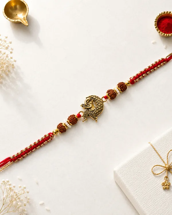 Gold_Peacock_Rudraksha_Rakhi_With_Red_Beads_(Pack_Of_6)