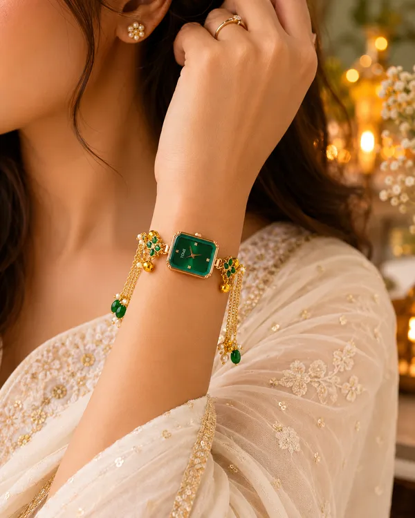 Green_Gold_Tone_Chain_Floral_Kundan_Bracelet_Watch_For_Women