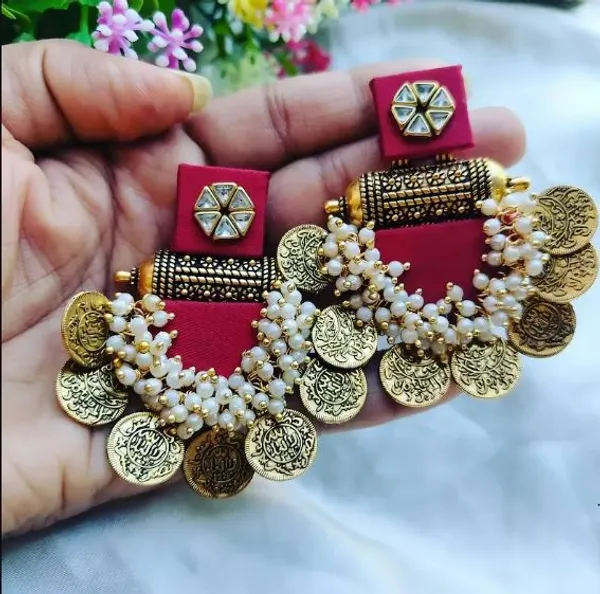 Red_Fabric_Metal_Coin_Tassel_Earrings_For_Women