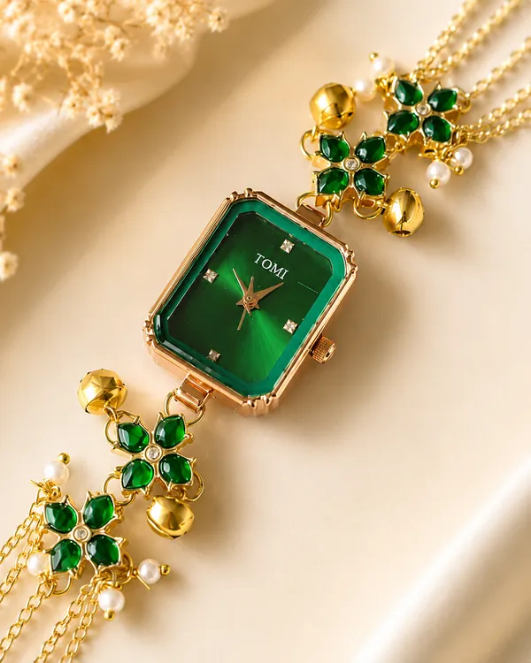 Green_Gold_Tone_Chain_Floral_Kundan_Bracelet_Watch_For_Women