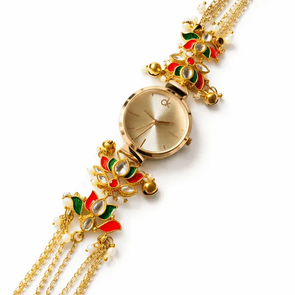 Gold_Kundan_Enamel_Floral_Bracelet_Watch_For_Women