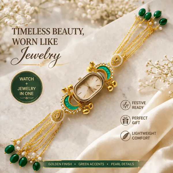Green_Enamel_Kundan_Gold-Tone_Bracelet_Watch_For_Women