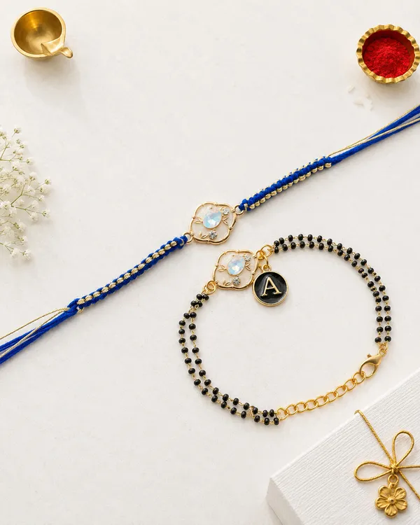 Gold_Mangalsutra_Bracelet_Rakhi_Set_With_Personalized_Charm_(Pac_Of_2)