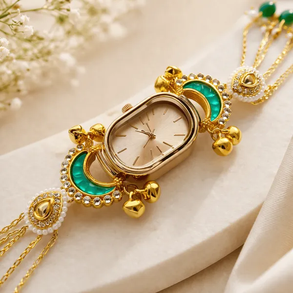 Green_Enamel_Kundan_Gold-Tone_Bracelet_Watch_For_Women
