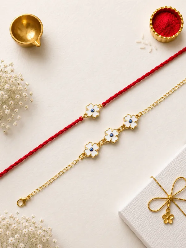 Gold_Plated_White_Enamel_Flower_Charm_Bracelet_Set_(Pack_Of_2)