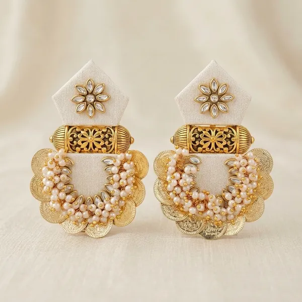 White_Gold_Tone_Metal_Pearl_Floral_Dangle_Earrings_For_Women