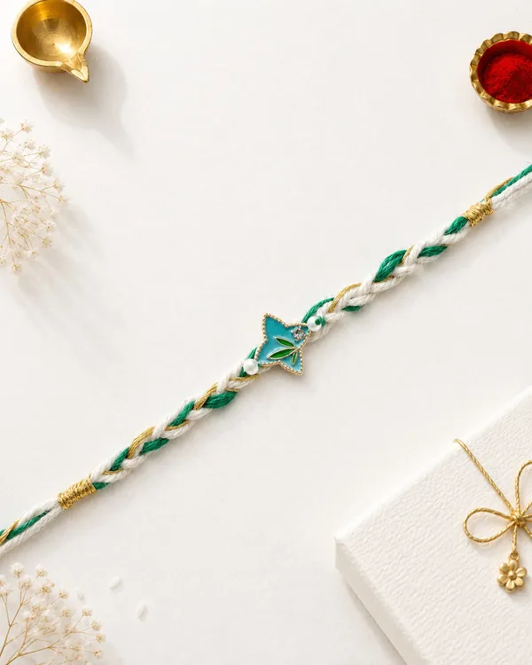 Green_And_White_Braided_Rakhi_With_Turquoise_Stone_Centerpiece_(Pack_Of_4)