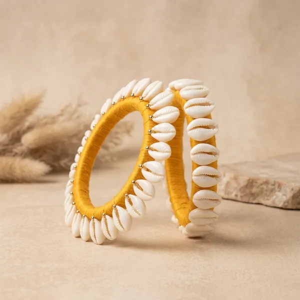 Yellow_Fabric_Cowrie_Shell_Handcrafted_Bangles_For_Women_Set_Of_2