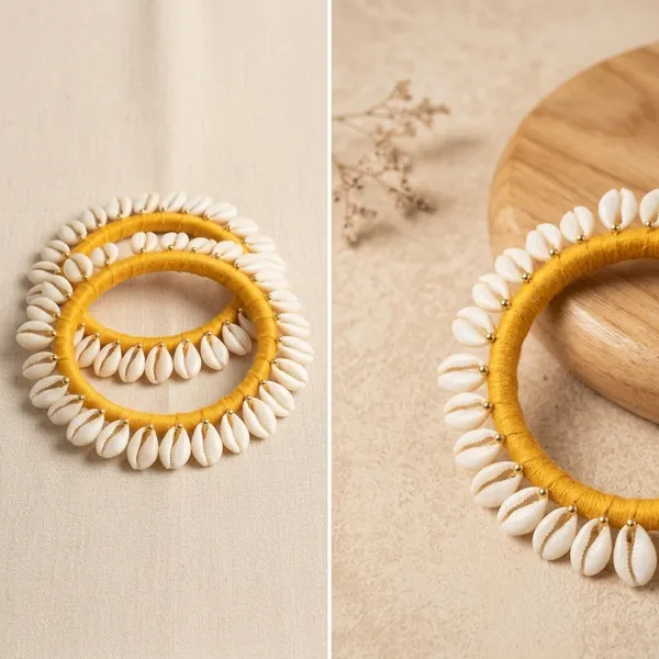 Yellow_Fabric_Cowrie_Shell_Handcrafted_Bangles_For_Women_Set_Of_2