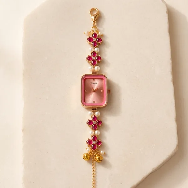 Pink_Metal_Pearl_Floral_Embellished_Bracelet_Watch_For_Women