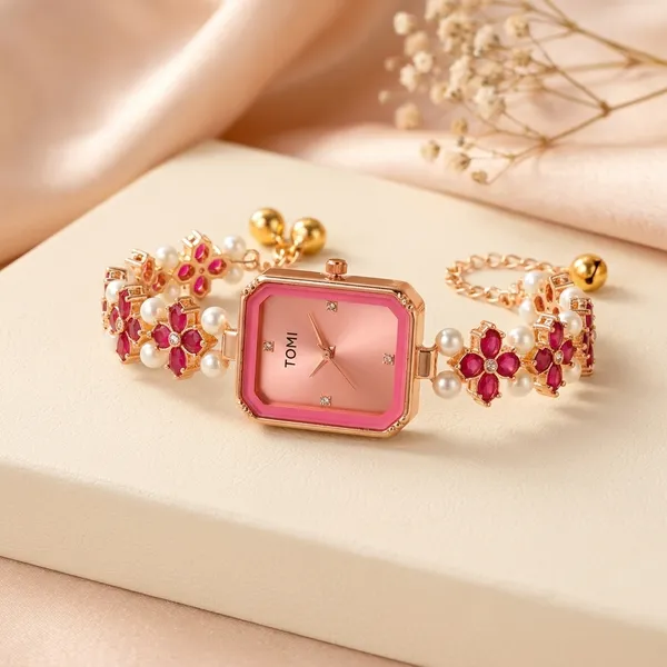 Pink_Metal_Pearl_Floral_Embellished_Bracelet_Watch_For_Women