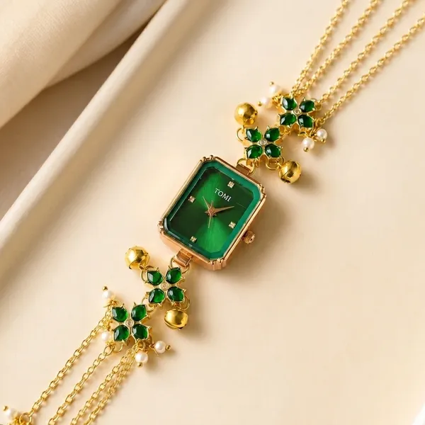 Green_Gold_Tone_Chain_Floral_Kundan_Bracelet_Watch_For_Women