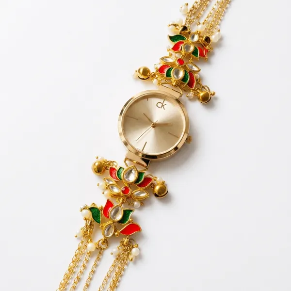 Gold_Kundan_Enamel_Floral_Bracelet_Watch_For_Women