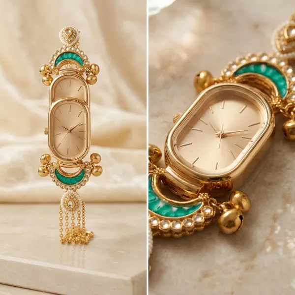 Green_Enamel_Kundan_Gold-Tone_Bracelet_Watch_For_Women