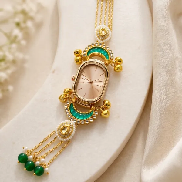 Green_Enamel_Kundan_Gold-Tone_Bracelet_Watch_For_Women