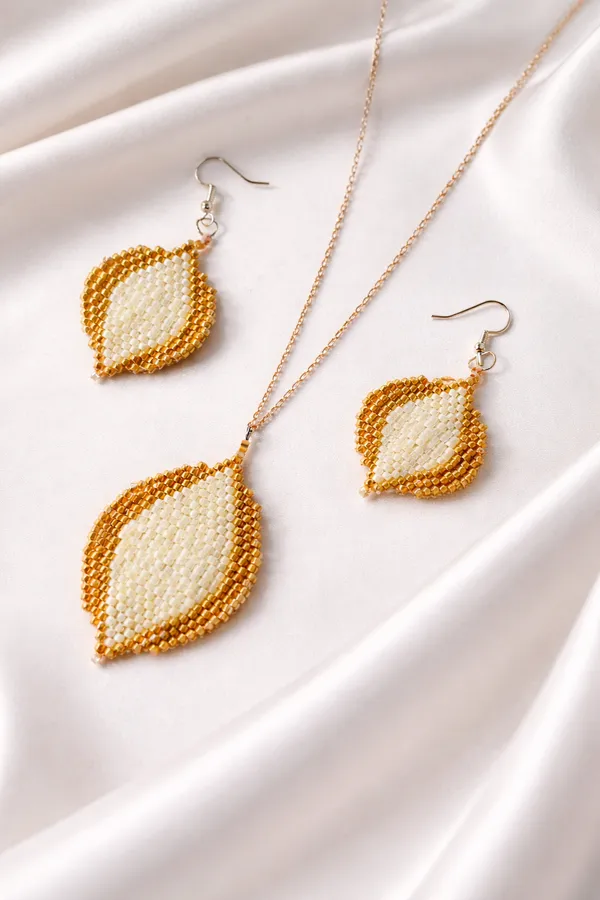 Gold_Ivory_Beaded_Leaf_Pendant_Necklace_And_Earrings_Set_For_Women