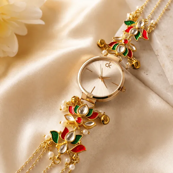 Gold_Kundan_Enamel_Floral_Bracelet_Watch_For_Women
