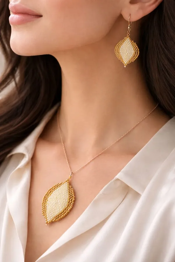 Gold_Ivory_Beaded_Leaf_Pendant_Necklace_And_Earrings_Set_For_Women