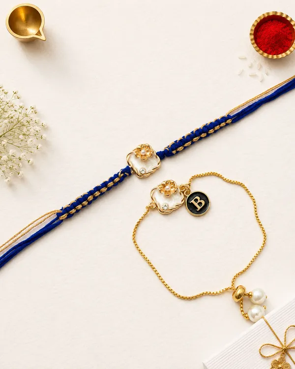 Gold_Plated_Blue_Thread_Pearl_Flower_Rakhi_Bracelet_Set_(Pack_Of_2)