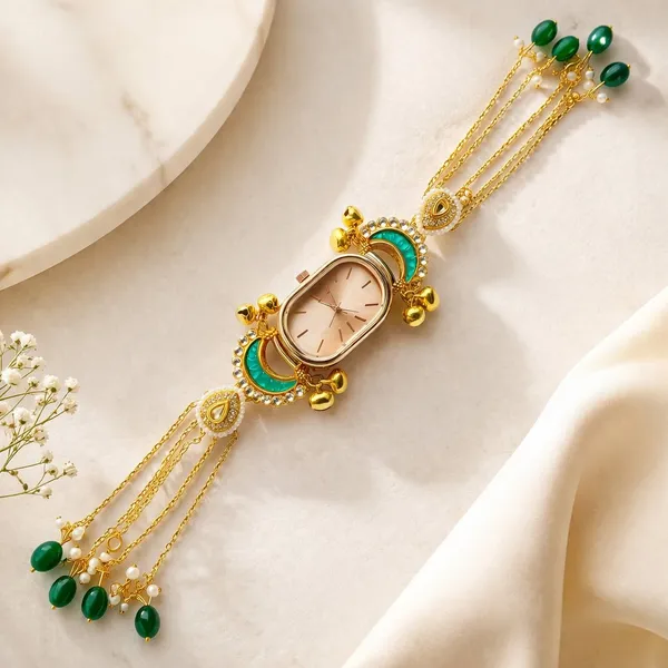 Green_Enamel_Kundan_Gold-Tone_Bracelet_Watch_For_Women